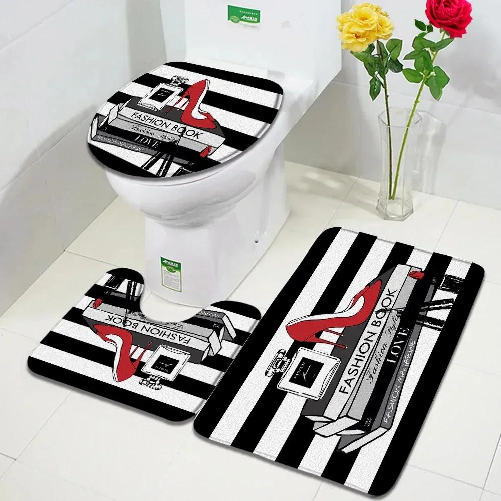 Pink Perfume Bath Mat Set Black White Striped Fashion High Heel Woman Girl Home Carpet Bathroom Decor Non-slip Rug Toilet Cover