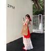 Red Off-the-Shoulder Halterneck Chiffon Top + Wide-Leg Skirt Two-Piece Set