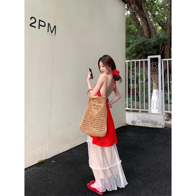 Red Off-the-Shoulder Halterneck Chiffon Top + Wide-Leg Skirt Two-Piece Set