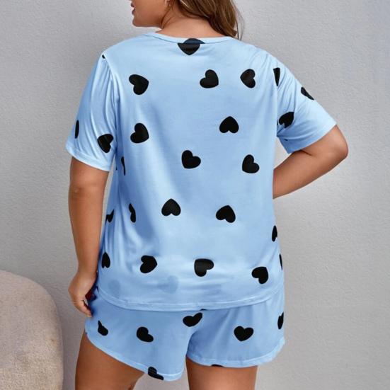 2 Pcs/Set Women Summer Pajamas Cartoon Heart Print Round Neck Short Sleeve T-shirt Elastic Waist Shorts