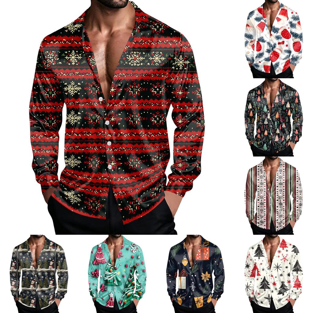 Men's Casual Christmas Shirt Jacket with Turn-Down Collar, Loose Fit, Breathable for Spring and Fall