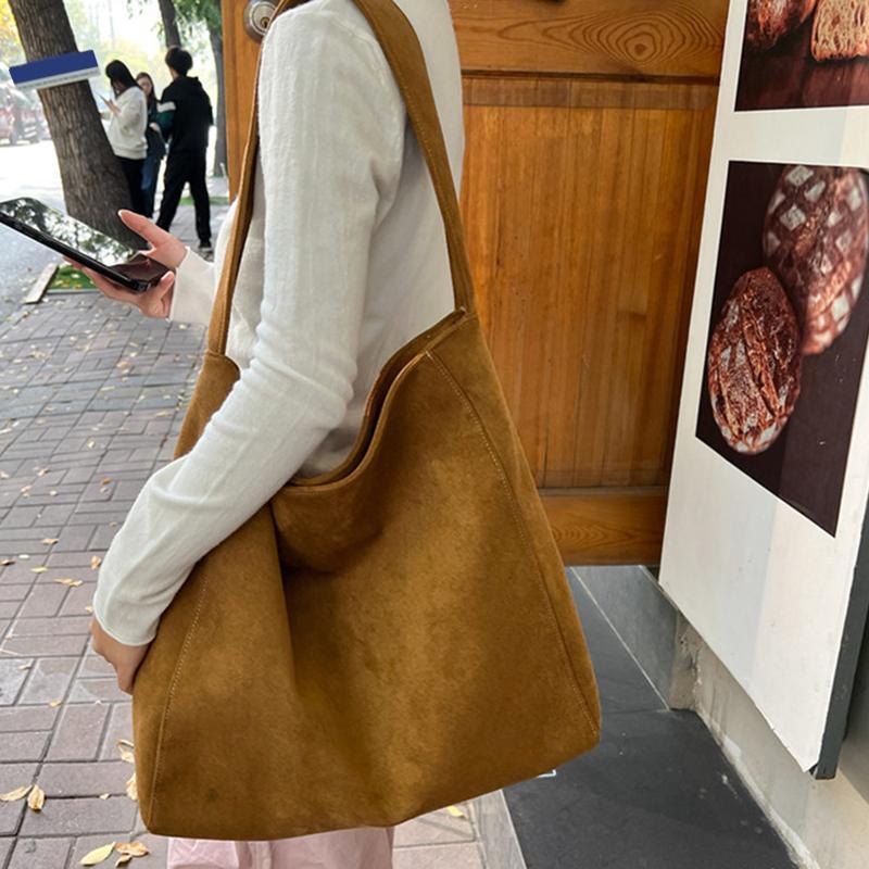Yogodlns Suede Tote Bag for Women Autum Winter Frosted Casual Large Capacity Commuting Shoulder Bags Vintage Solid Versatile Handbags