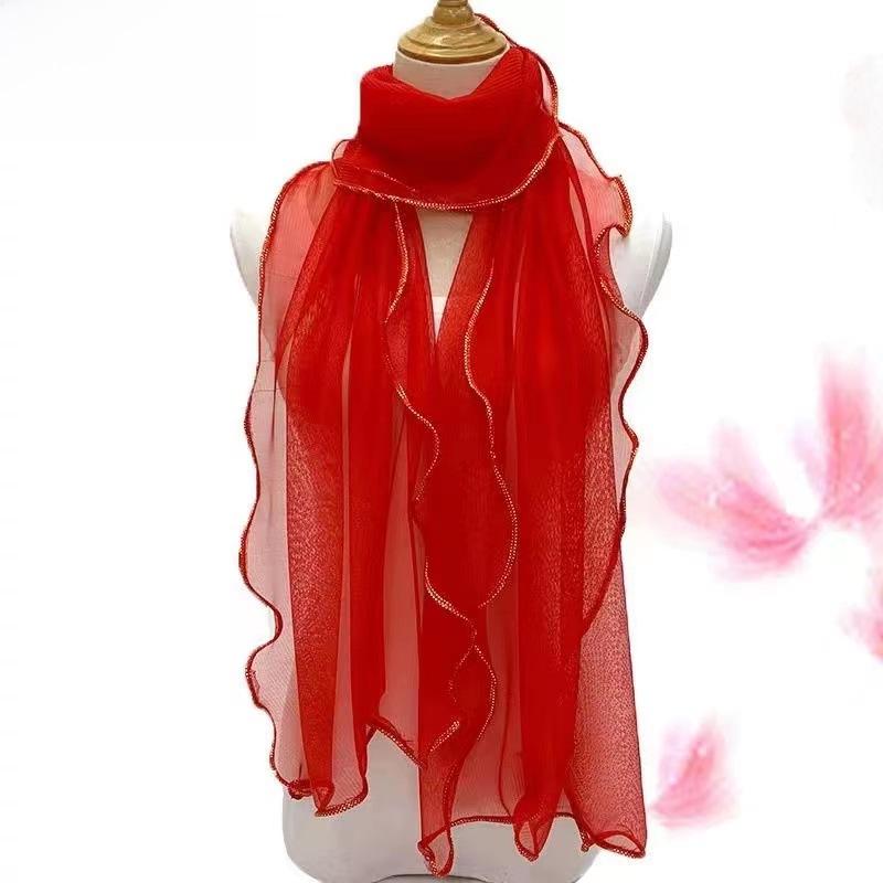 Gold Silk Ruffled Scarf: Elastic, Warm, and Curled for Dance or Daily Wear