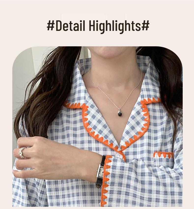 Women's Spring Plaid Cardigan Pajama Set - Shell Collar, Waffle Knit, Faux Cotton, Long Sleeve Casual Homewear
