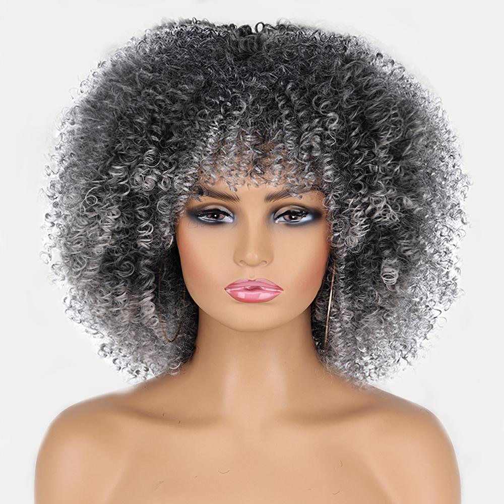 MISS WIG Kurze, lockige, synthetische, hitzebeständige Faser-Perücke, Schwarzbraun, mit Pony, Afro-Farbverlauf, Cosplay-Perücken