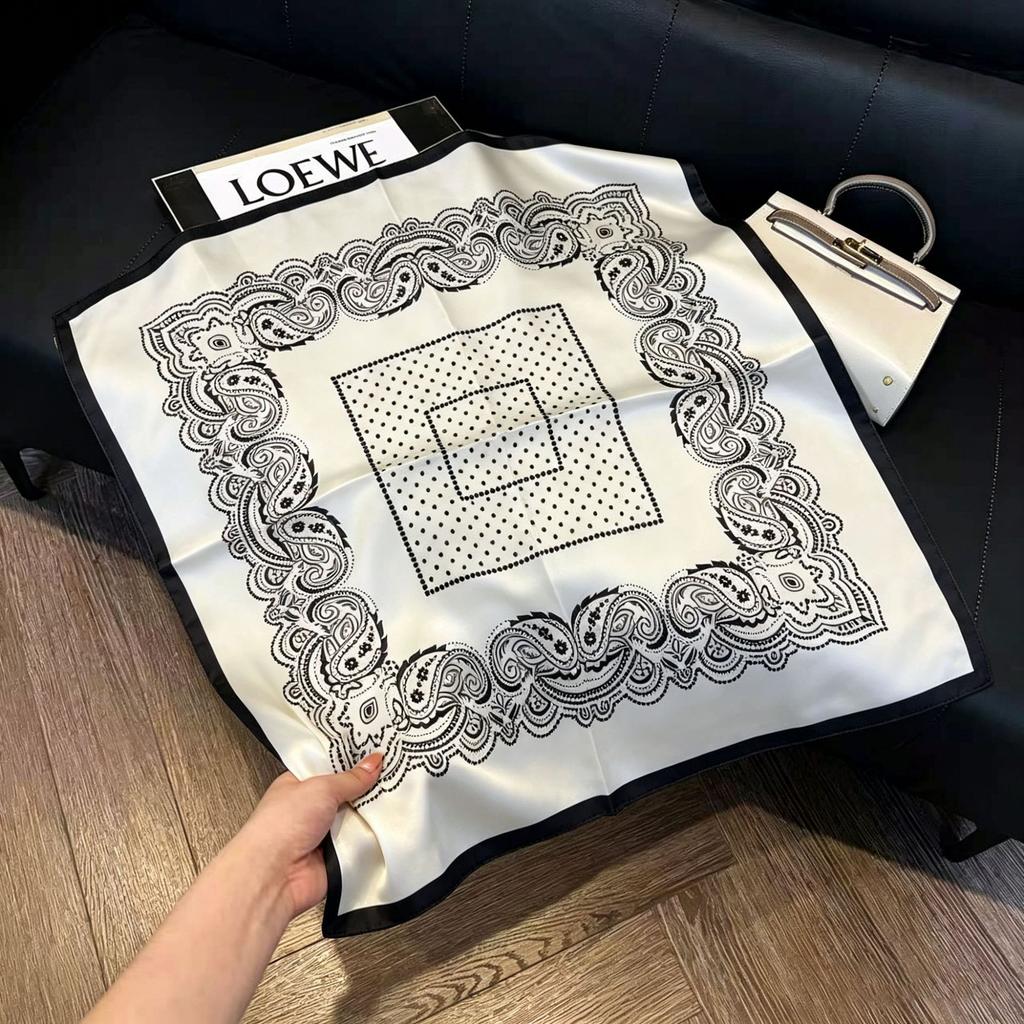 71Cm New Chinese Simulation Silk Square Scarf Soft and Skin-friendly Ink Flower Rhyme Printing Silk Scarf Neck Sunscreen Small Scarf