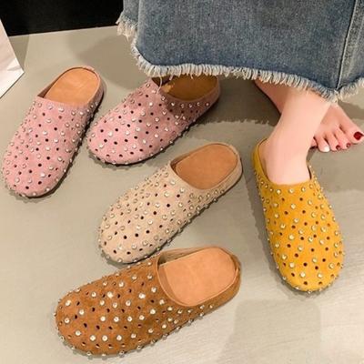 Strass Hohl Baotou Frühling Hausschuhe Damen Außen Atmungsaktiv Neu Runde Spitze Fuß Rutsch Mode Flacher Boden Halbe Stütze