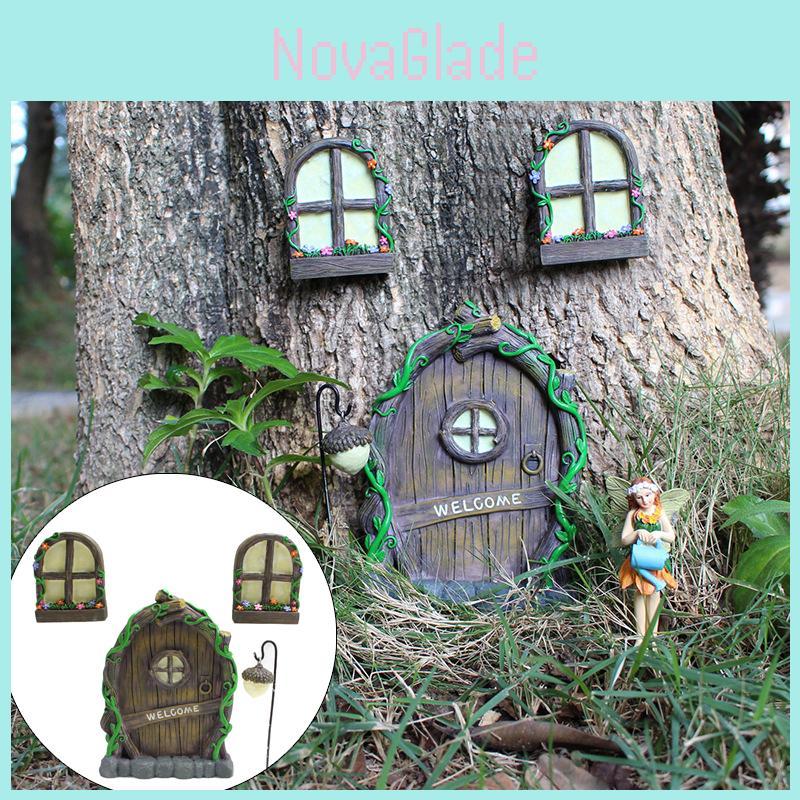 Fairy Miniature 4pcs Tree Door Window Door Glow Gnome Elf Home Sculpture Statues