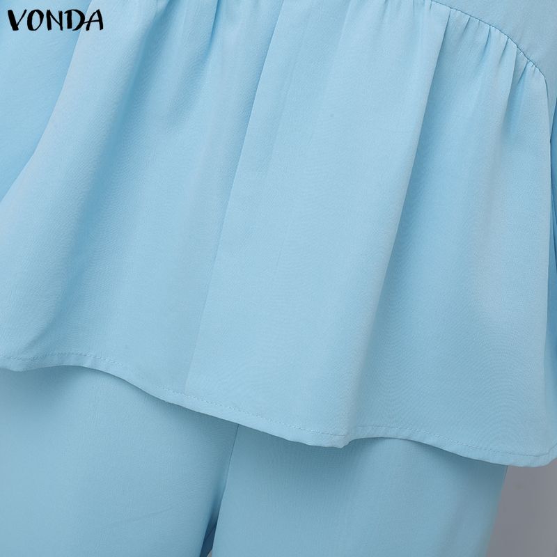 VONDA Two Piece Suit Women Deep V Neck Long Sleeve Blouse and Pants Casual Sets