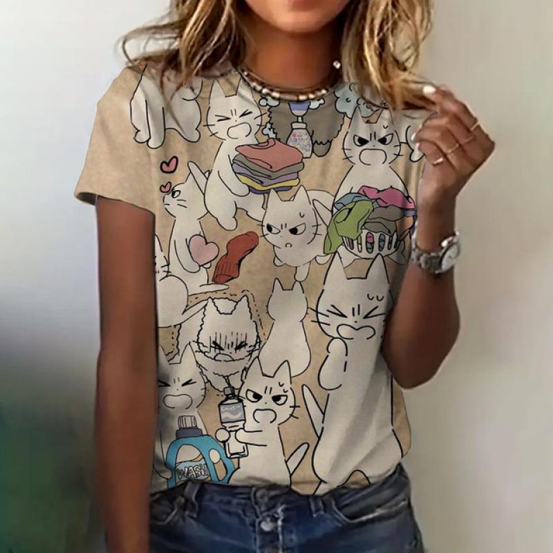 Haine de vară pentru femei Tricou casual cu gât rotund și mânecă scurtă Top cu model pisică Haine largi și respirabile Tricou de damă 2024 Nou