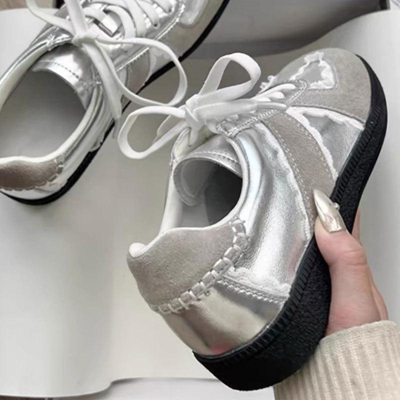 Silver Sneakers Women's Summer Lace Color Matching German Training Shoes Ballet Platform White Shoes Casual Round Head Board Shoes