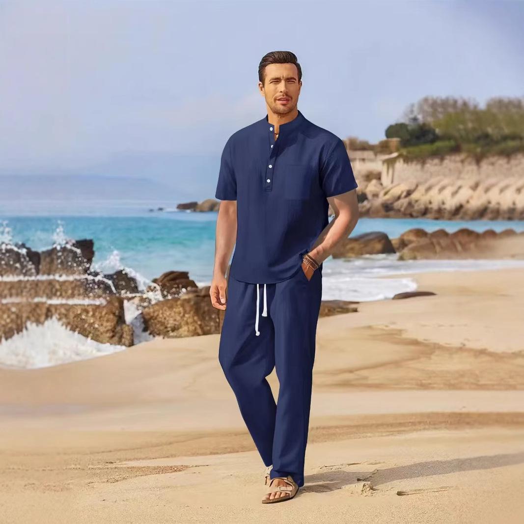 

2025 Spring/Summer Men s Casual Cotton Linen Set: Loose Short Sleeve Shirt & Long Pants XL темно-синього кольору