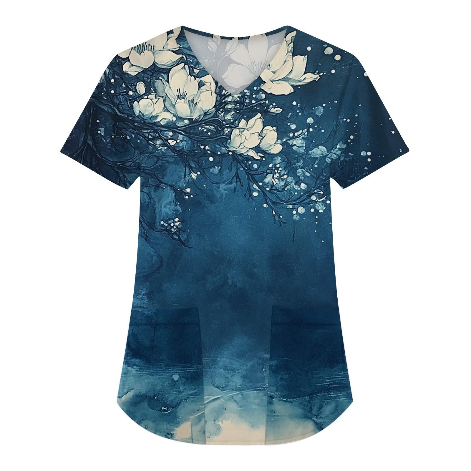 

Женская мода с коротким рукавом и V-образным вырезом с карманами и цветочным принтом Топы Одежда XL белый