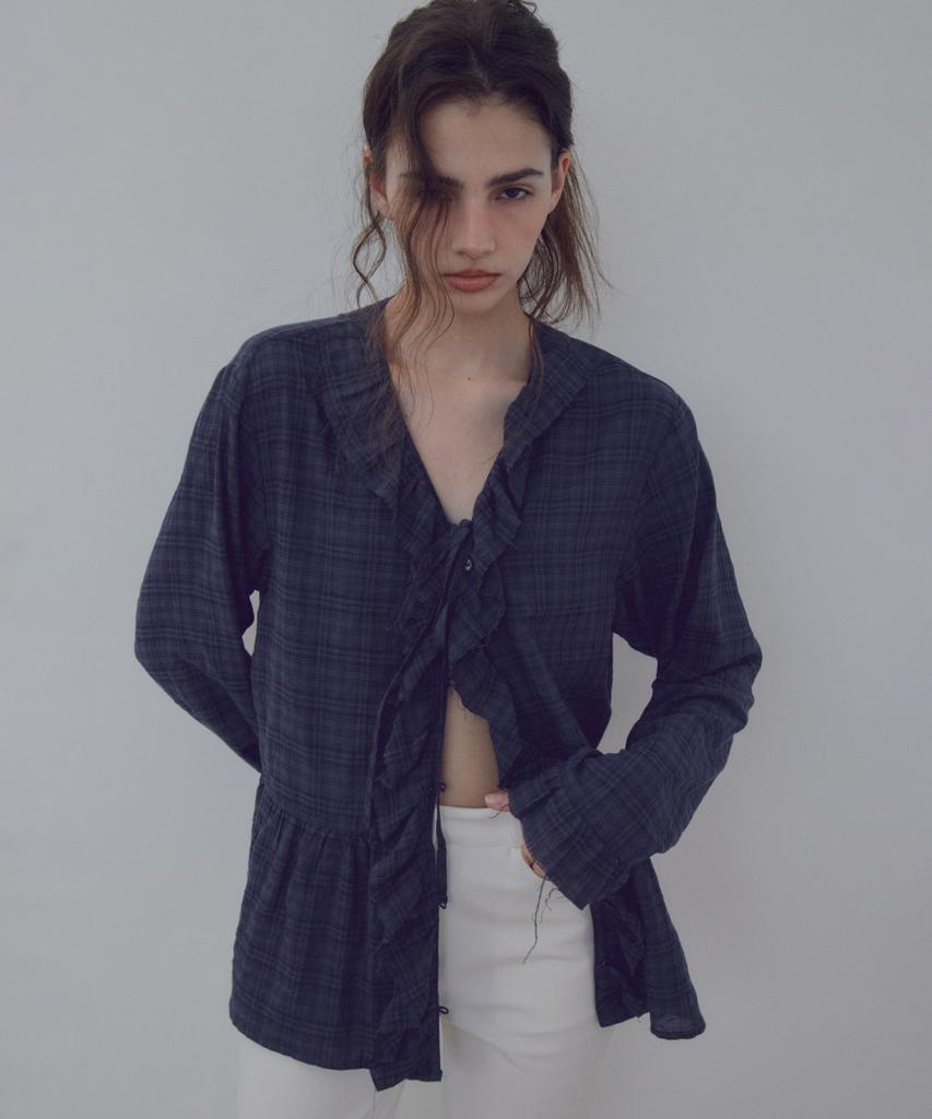 CITTA Ruffle Check Shirring Blouse_Ctt3045(Navy)