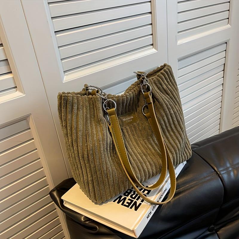Corduroy Tote Bag For Women, Fashion Chain Shoulder Bag, Large Capacity Plush Handbag