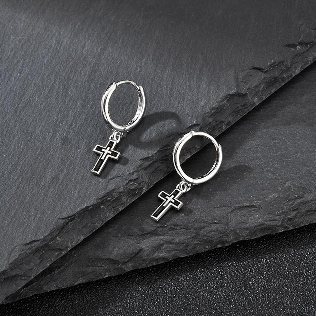 Hip Hop Cross Huggies Earrings for Men Boys,Simple Metal Cross Hoop Earrings,Piercing Earring Gift