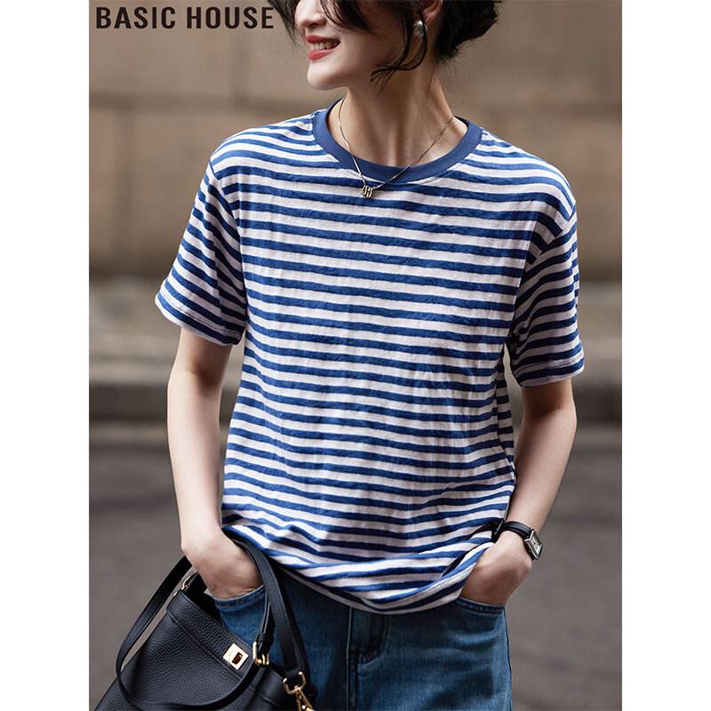 Basic House Women s Striped Round Neck Short Sleeve T-Shirt S