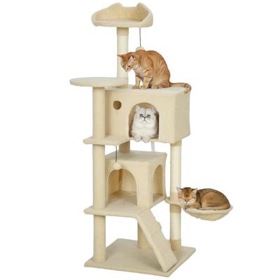 140cm Large Cat Tree Tower with Sisal Scratching Posts, Condos, Plush Perches, Hammock, Ladder, Beige