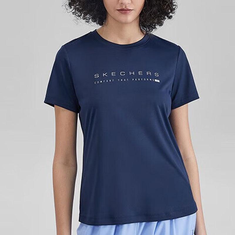 Skechers Letter Print Quick-Dry Breathable Round Neck Short Sleeve T-Shirt Women Tops Navy-Academy-Blue P223W056-02MZ