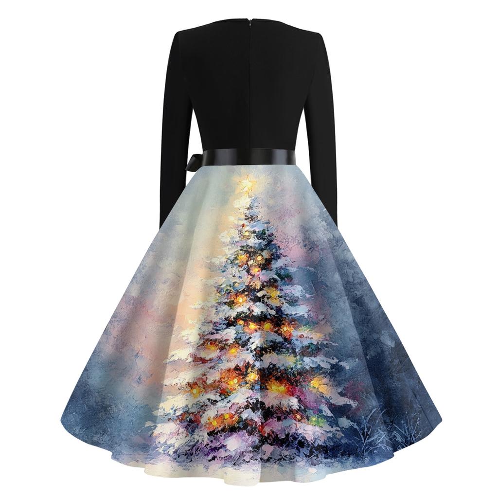 Damen Casual Mode V-Ausschnitt Langarm Weihnachten Bedruckt Party Vintage Lange Kleider