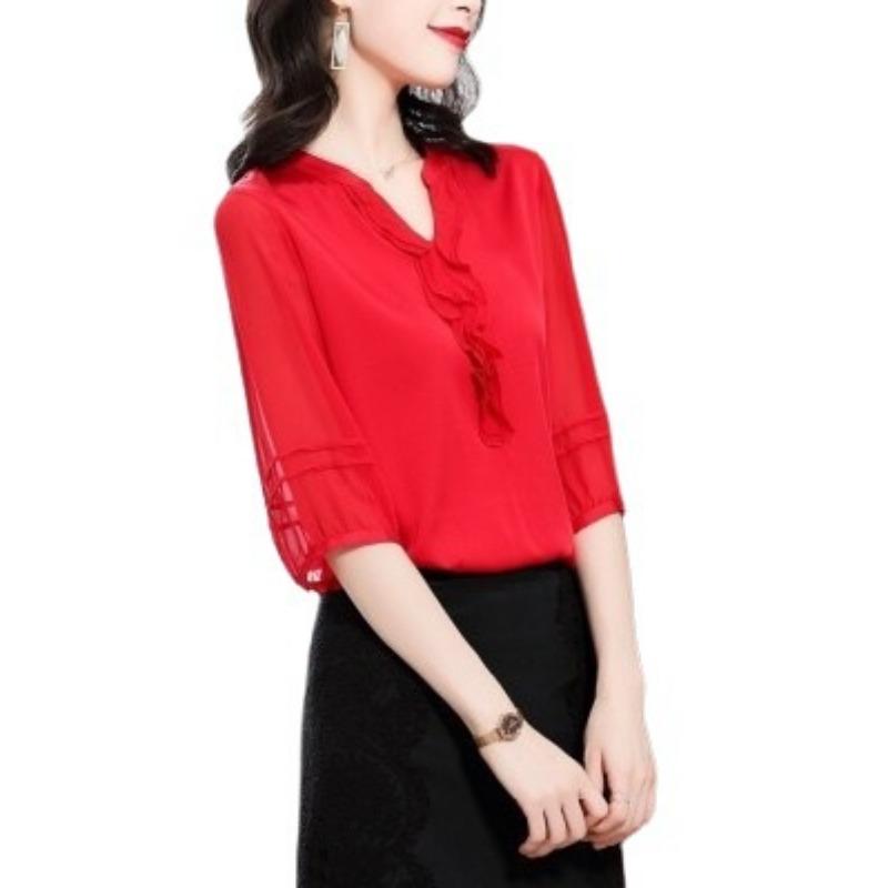 

Шелковая рубашка для женщин, летняя, с короткими рукавами, Ханчжоу, новый стиль, черные уши, атласная свободная рубашка, шелковый топ Mulberry 4XL