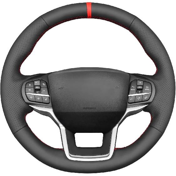 MEWANT Black Artificial Leather Steering Wheel Cover for Ford Explorer 2020-2022 Hand Stitch Steering Wheel Wrap Black Artificial Leather&