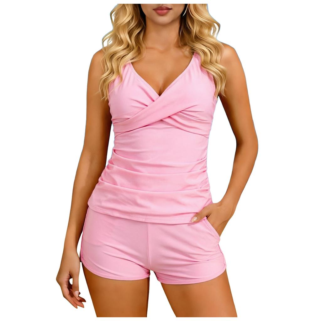 Women's Two-Piece Swimsuit Slim Fit V Neck Camisole Shorts Set Solid Color Tankini Beach Vacation Swimwear Sexy Outfit Bikinis