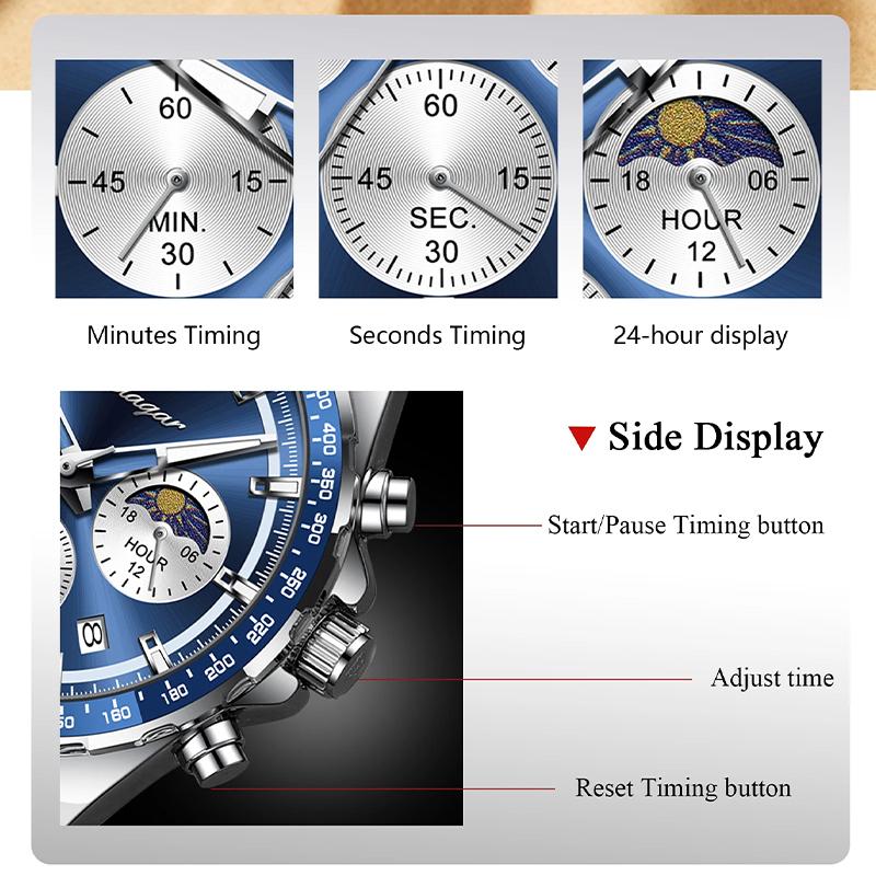 Mens Watches Multifunctional Chronograph Watch For Men 30M Waterproof Luminous Moon Phase Quartz Wristwatches Box