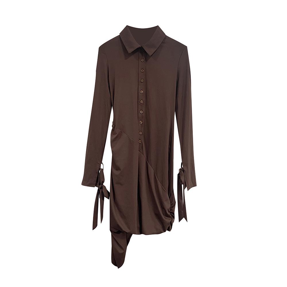 2026 Spring Women s Asymmetrical Polo Collar Slim Fit Dress - Fashionable Hip-Hugging Sexy Style Skirt M темно-коричневого