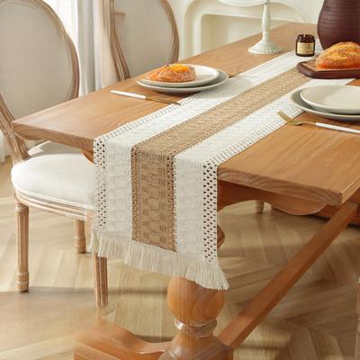 Cotton and Linen Splicing Table Flag Home Two-color Woven Tassel Tablecloth Natural Material Homestay Pastoral Decoration