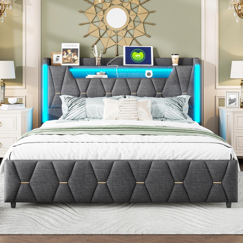 Smart Upholstered Platform Bed with Sync Colorful Lighting Charging Station Hidden Headboard Compartment and Rolling Baskets