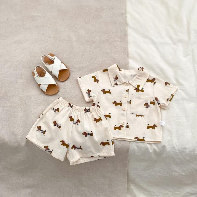 Kayoudo Trendy Kids  Puppy Print Lapel Summer Set 80CM