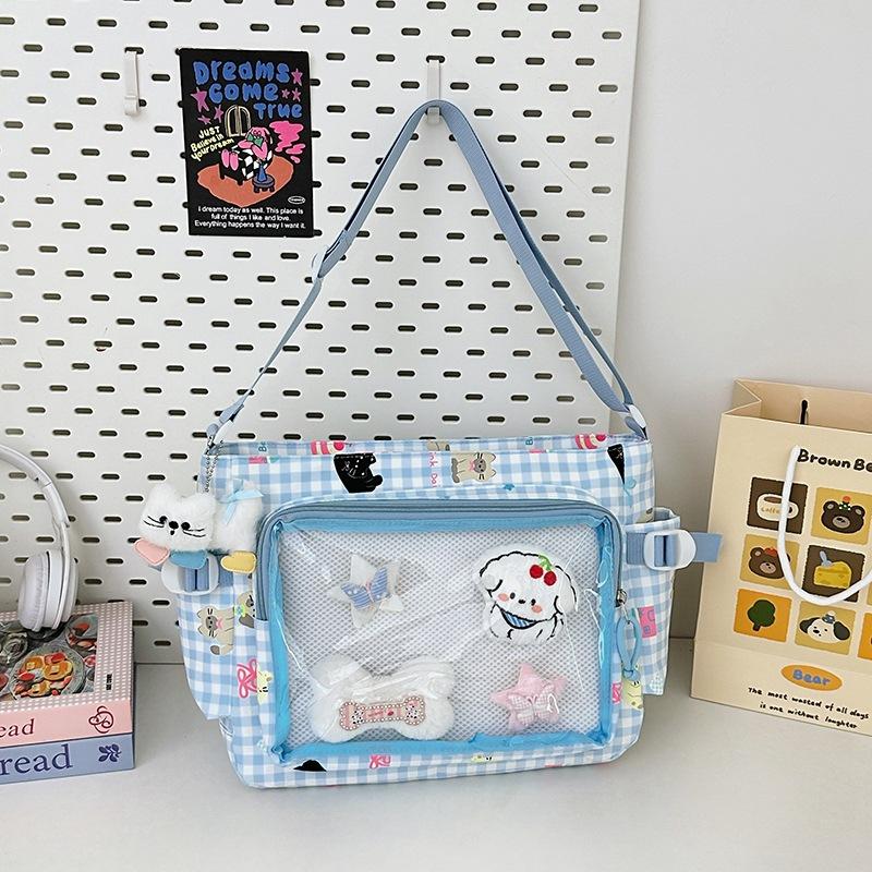 Japan Style Women Crossbody Bag Large Capacity Kawaii Girl Transparent Bar Pain Bag Fashion Checkered Student Class Shoulder Bag