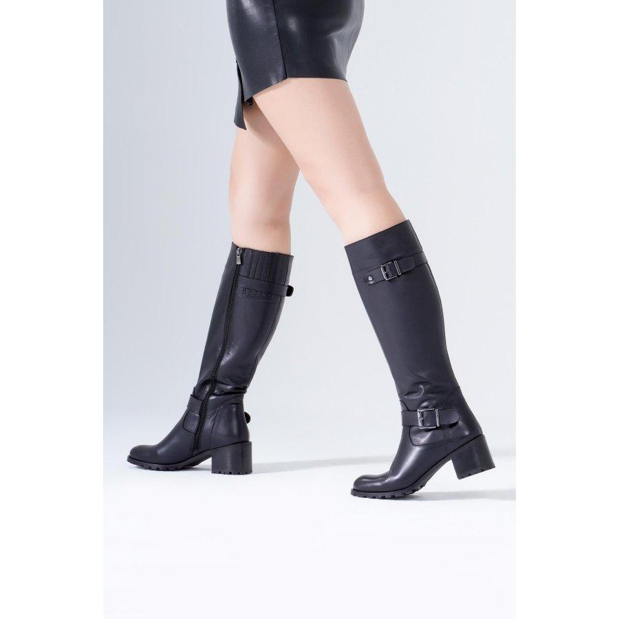 Kniehohe Damenstiefel aus echtem Leder mit Schnalle und mittlerem Absatz