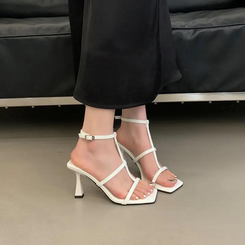 Fashion Temperament Stiletto Sandals Summer New Square Head Open Toe Fine Belt A Line Buckle Anti-slip Wear-resistant High Heels