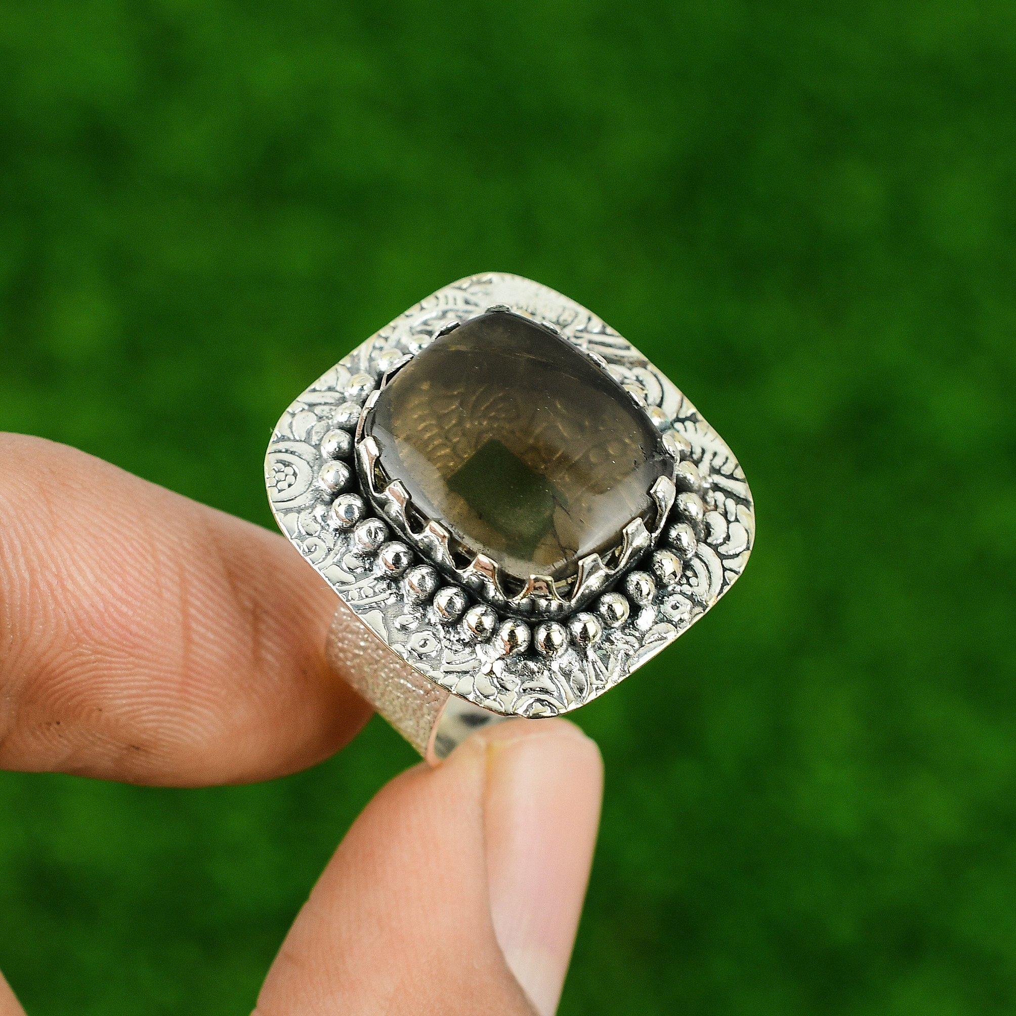 

Распродажа ко Дню матери Натуральный дымчатый кварц Серебро 925 пробы Кольцо-заявление Ювелирное изделие США 9,5 9.5