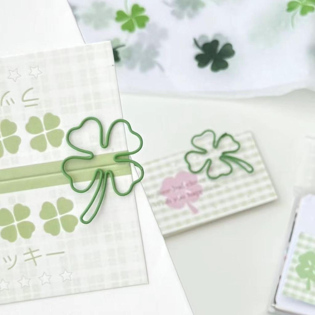 10Pcs Cute Green Four-leaf Clover Paperclips Lovely Girl Scrapbook Decor Binder Clip Office Document Bill Binding Supplies