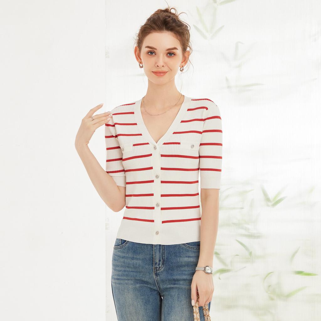 Fashionable Anti-aging Contrasting Striped V-neck Knitted Sweater for Women In Summer, Simple and Elegant Slim Fit Top