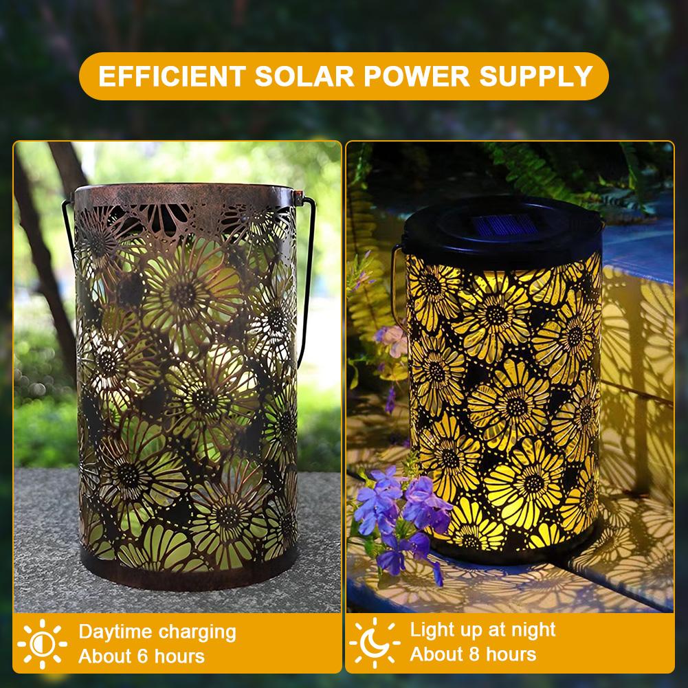 Flower/Leaves Outdoor LED Lights Waterproof Hollowed-Out Metal Decor Lantern Hanging Solar Lights for Patio Yard Pathway Decor