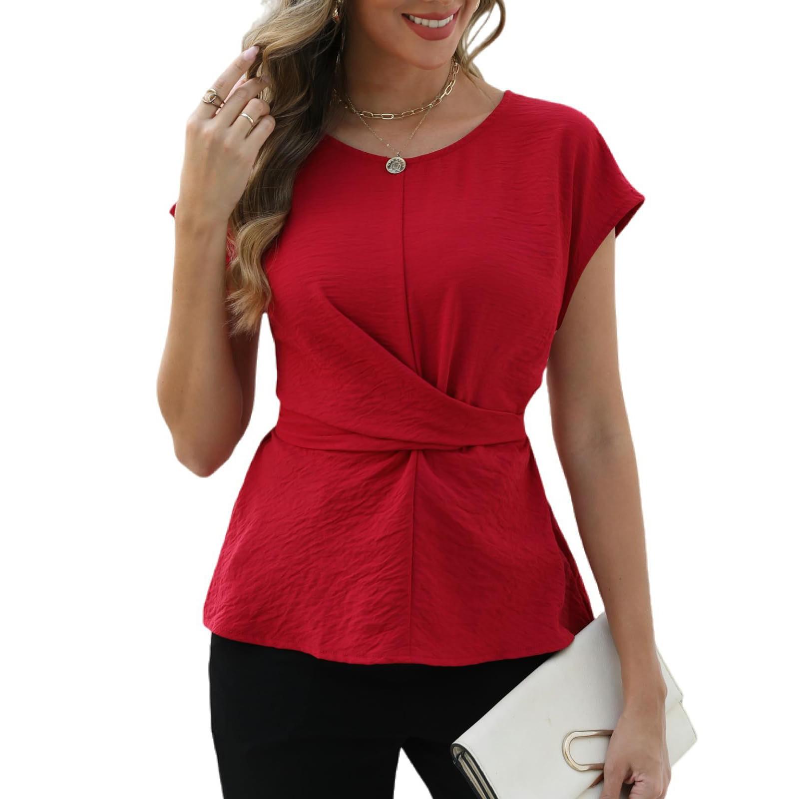 

Women s Fashion Color Round Neck Hooded Sleeve Strap Waist Shirt Top L красный