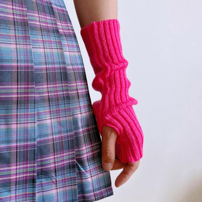 Long Fingerless Gloves Knitted Arm Sleeves Stretchy Arm Cover Thumb Hole Mittens