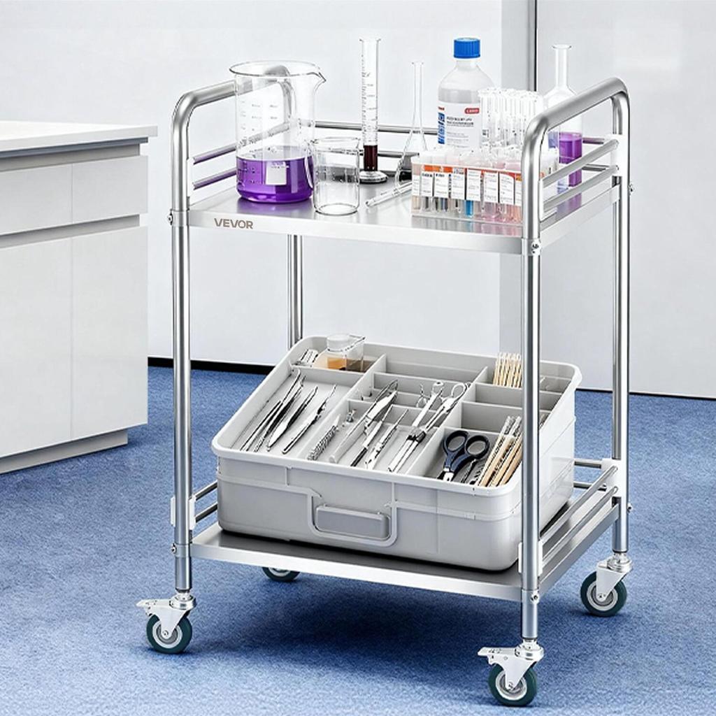 Stainless Steel Cart, 2-Tier Rolling Lab Utility Cart with Lockable Wheels, Medical Serving Trolley Clinic Tray, Heavy Duty Mobile Service Storage