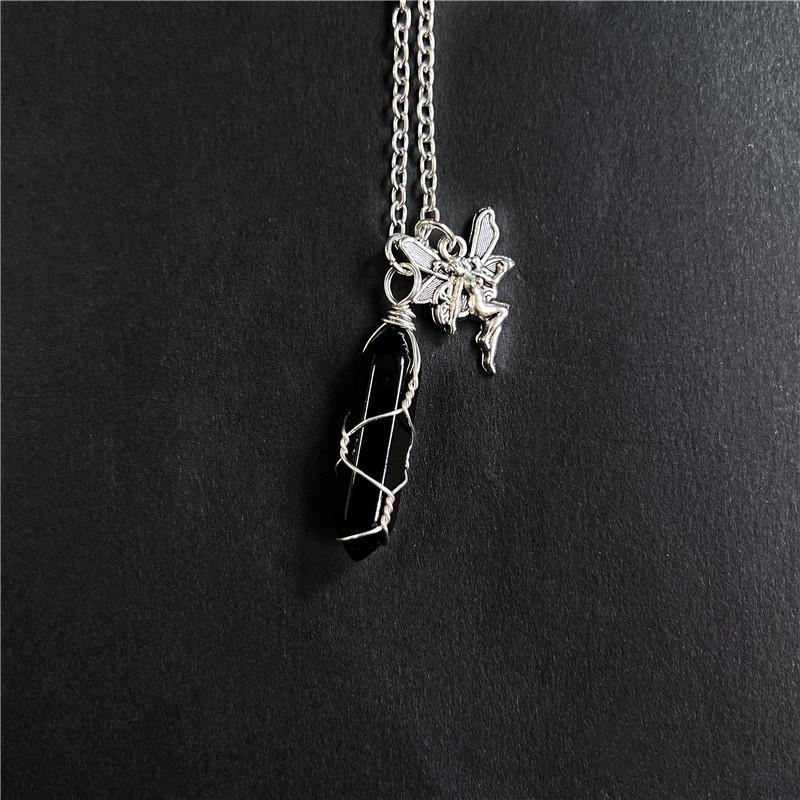 Cute Fairy Elf with Wings Wrapped Natural Luminous Stone Crystal Column Pendant Necklace for Women Charm Jewelry Accessory Gift чёрный