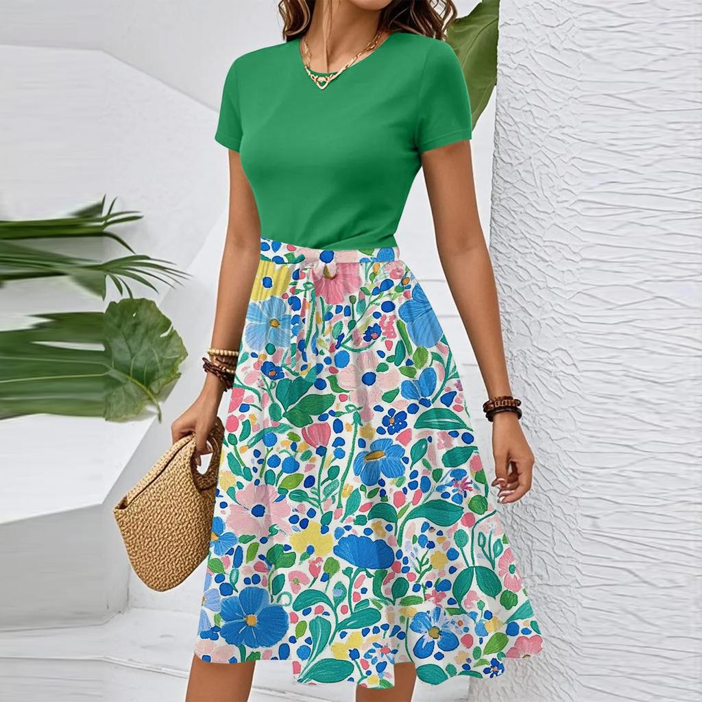 Women's Casual Fashion Belted Floral Print Short Sleeve Round Neck Elegant Dress
