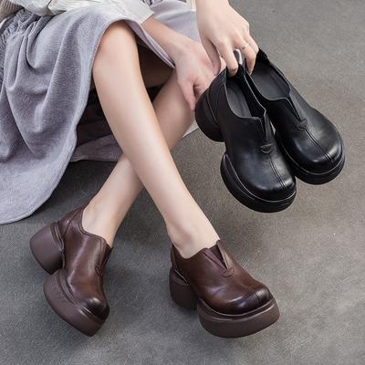 Mode GKTINOO 2025 Frühling Herbst Dicke Sohle Echtes Leder Schuhe Bequeme Keile Handgefertigt Retro Damen Schuhe Slipper Pumps