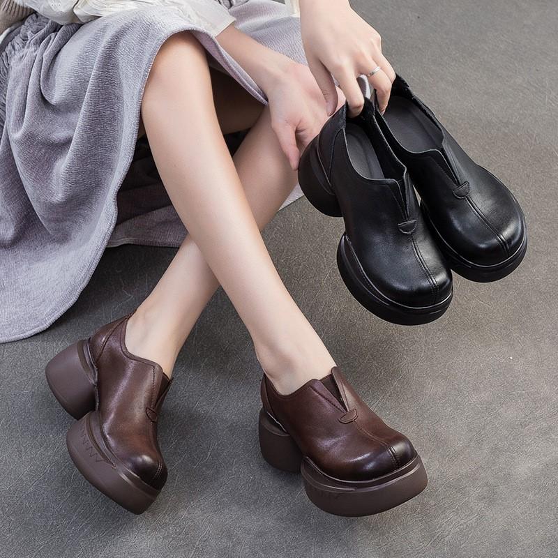 Fashion GKTINOO 2025 Spring Autumn Thick Sole Genuine Leather Shoes Comfortable Wedges Handmade Retro Women Shoes Slip On Pumps