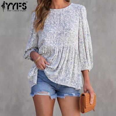 Women's Fashion Casual Summer Spring Solid Color Print 3/4 Sleeves O-Neck Blouses & Shirts