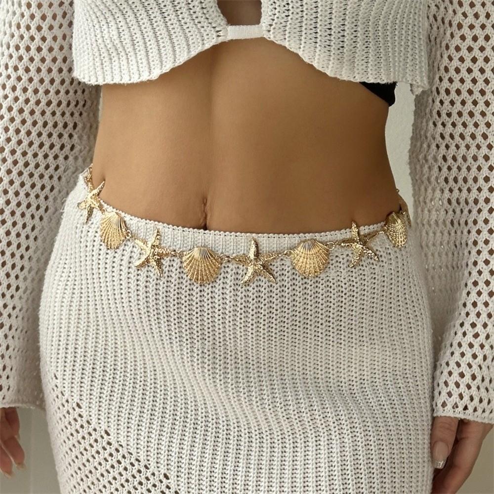 Gold Imitation Pearl Body Chain Multi-pendant Beads Belly Chain Starfish Waist Chain  Rave Event