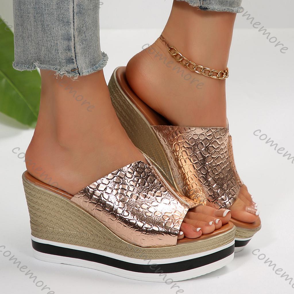 Oslavte Zlaté Stříbrné Robustní Platformové Sandály Dámské 2025 Léto Plus Size Klínky Pantofle Žena Venkovní Vysoké Podpatky Sandály Ženské