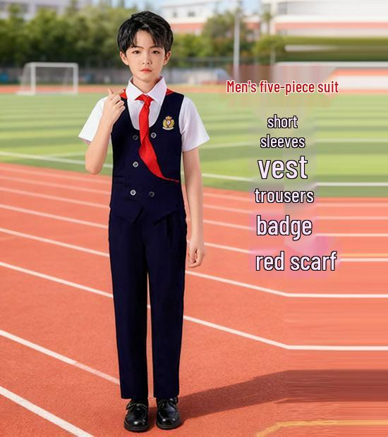 Children's Patriotic Choir Costumes - Boys & Girls Blue Outfits with Red Scarf for Recitation Competitions